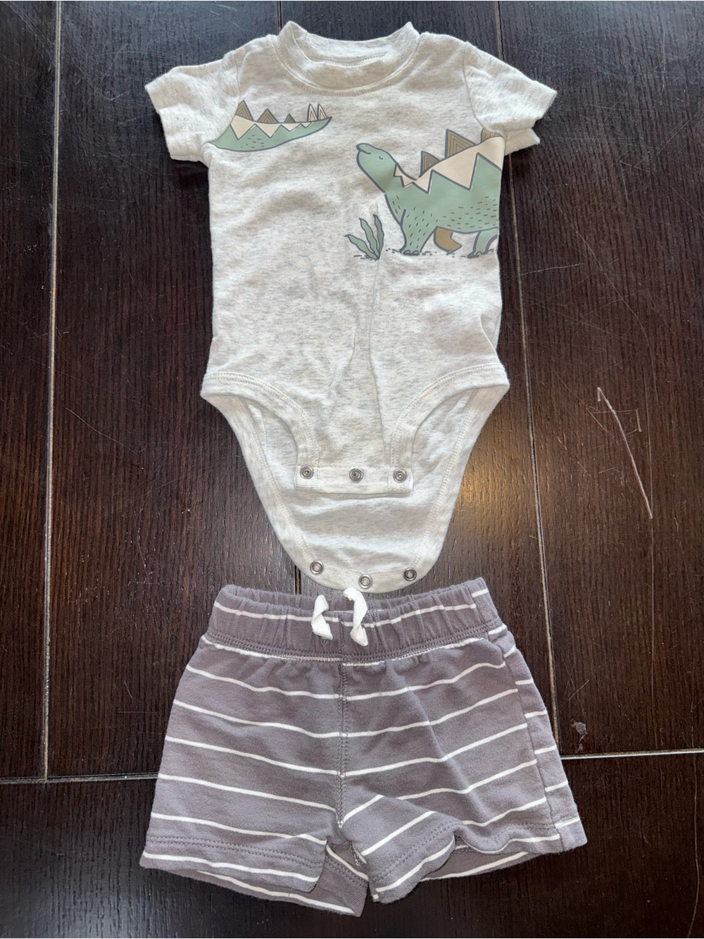 Kirkland Signature Gray Bodysuit and Gray Striped Shorts with Green Dino